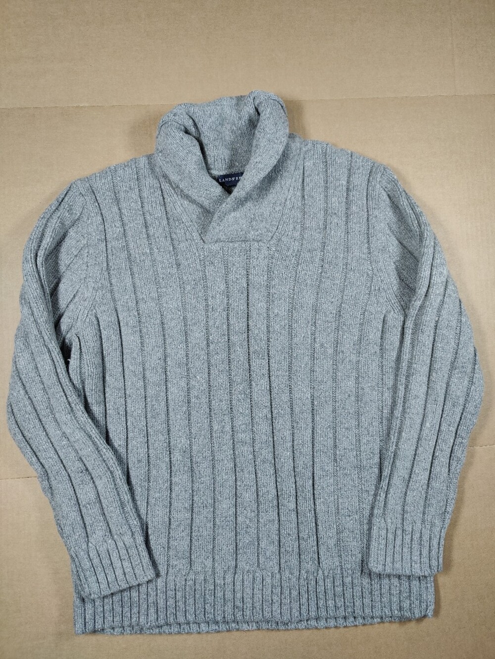 Lands End Light Gray Wool Blend Heavyweight Ribbed Shawl Collar Sweater Size L